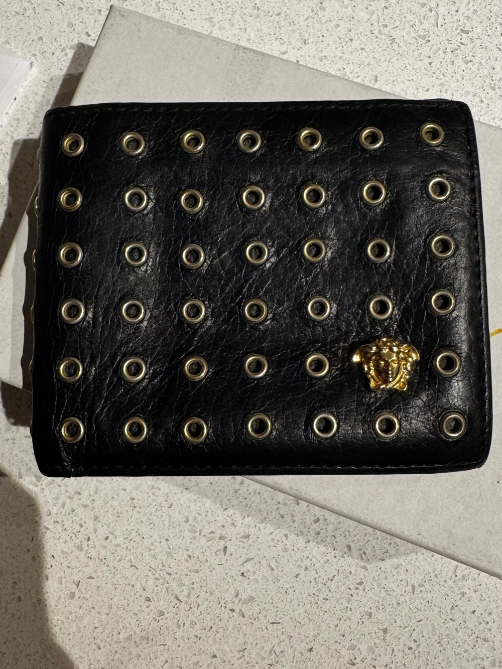 Versace Black Leather Eyelet Wallet with Gold Medusa
